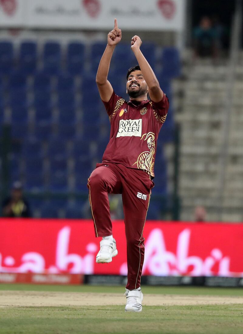ABU DHABI , UNITED ARAB EMIRATES , Nov 20 – 2019 :-  Junaid Siddique of Northern Warriors celebrating after taking the wicket of  Colin Ingram during the Abu Dhabi T10 Cricket match between Bangla Tigers vs Northern Warriors at Sheikh Zayed Cricket Stadium in Abu Dhabi. ( Pawan Singh / The National )  For Sports. Story by Paul