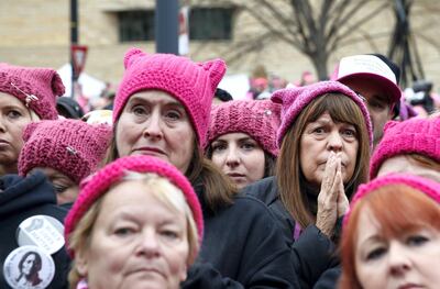 WASHINGTON, DC - JANUARY 21: A woman reacts as she listens to a speaker during a rally at the Women's March on Washington, Jan. 21, 2017. (Photo by Jessica Rinaldi/The Boston Globe via Getty Images)