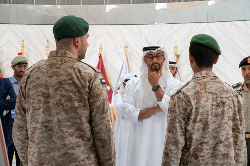 ABU DHABI, UNITED ARAB EMIRATES - April 28, 2019: HH Sheikh Mohamed bin Zayed Al Nahyan, Crown Prince of Abu Dhabi and Deputy Supreme Commander of the UAE Armed Forces (C), attends e-skills exhibition for national service recruits, at Armed Forces Officers Club.
( Mohamed Al Hammadi / Ministry of Presidential Affairs )
---