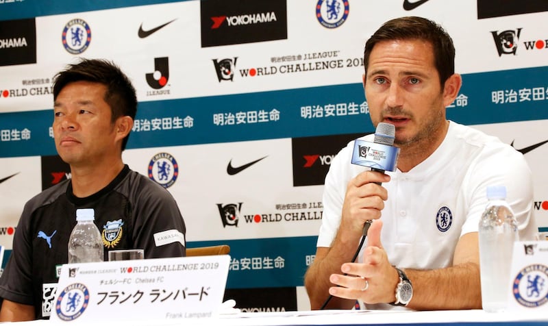 Chelsea manager Frank Lampard alongside Kawasaki Frontale manager Toru Oniki during a press conference. AP Photo