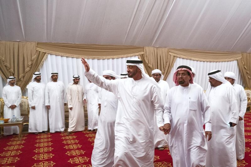 BANIYAS, ABU DHABI, UNITED ARAB EMIRATES - September 15, 2019: HH Sheikh Mohamed bin Zayed Al Nahyan, Crown Prince of Abu Dhabi and Deputy Supreme Commander of the UAE Armed Forces (C), offers condolences to the family of martyr Warrant Officer Saleh Hassan Saleh bin Amro.


( Hamad Al Kaabi / Ministry of Presidential Affairs )​
---