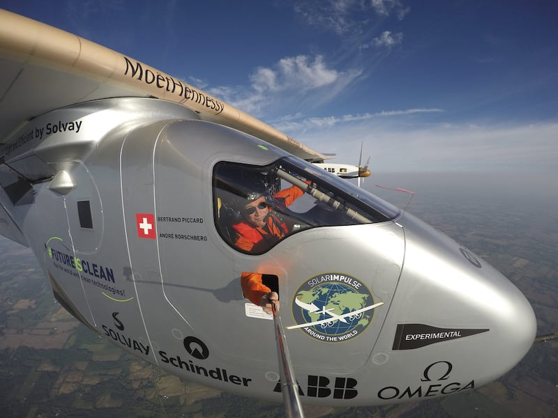 Bertrand Piccard takes a selfie over the eastern US on May 25, 2016. 'Solar Impulse 2'  arrived in Lehigh Valley, Pennsylvania, from Dayton, Ohio, after more than 16 hours.