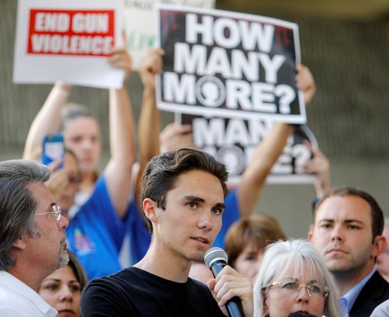 FILE PHOTO: David Hogg, a senior at Marjory Stoneman Douglas High School, speaks at a rally calling for more gun control three days after the shooting at his school, in Fort Lauderdale, Florida, U.S., February 17, 2018.   REUTERS/Jonathan Drake/File Photo