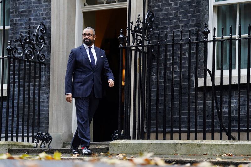 Newly appointed British Home Secretary James Cleverly leaves No 10 Downing Street after a cabinet reshuffle by Prime Minister Rishi Sunak. AP
