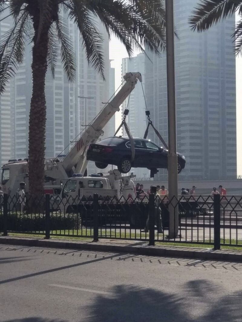 Car driven onto tram tracks in Marina. 
Residents in Dubai Marina saw a vehicle stuck along tram tracks at 7am and Dubai Police were removing few minutes later. Photo: Handout