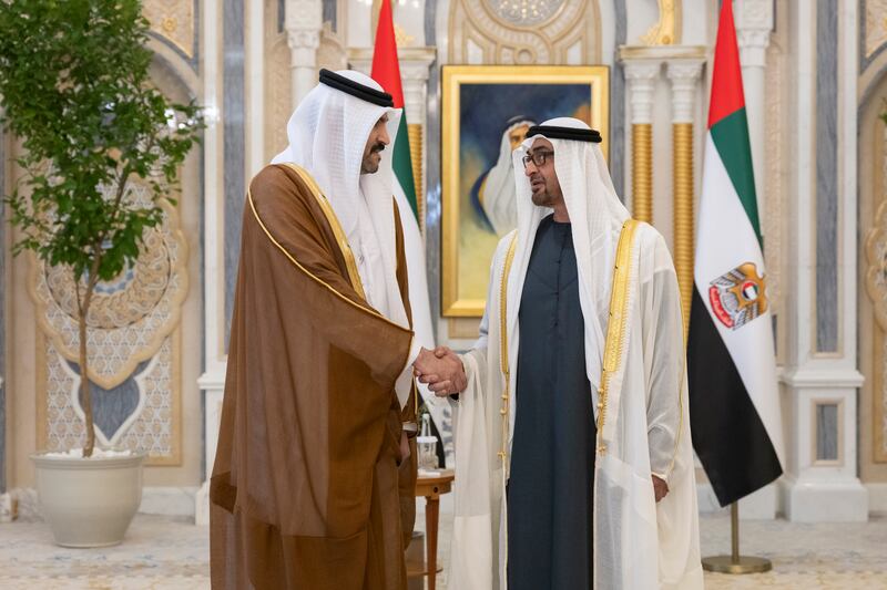 President Sheikh Mohamed stands for a photograph with Abdul Rahman Al Jaber, UAE ambassador to Bulgaria