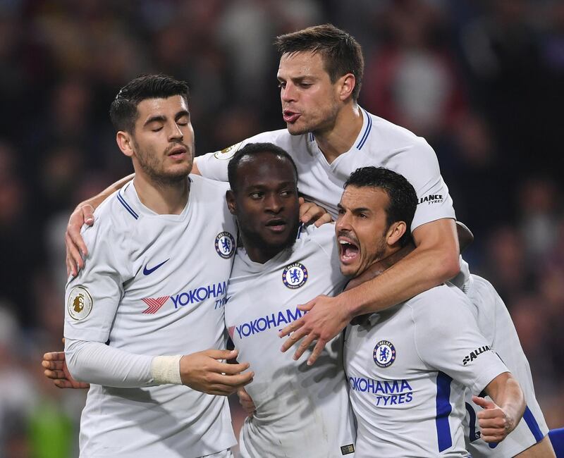 BURNLEY, ENGLAND - APRIL 19:  Victor Moses of Chelsea celebrates with teammates after scoring his sides second goal during the Premier League match between Burnley and Chelsea at Turf Moor on April 19, 2018 in Burnley, England.  (Photo by Laurence Griffiths/Getty Images)