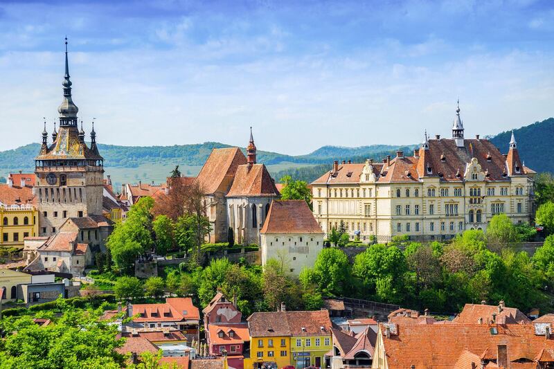 Panoramic view over the cityscape architecture in Sighisoara town, Romania