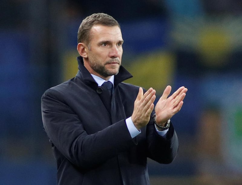 Ukraine coach Andriy Shevchenko applauds his players following Friday's Euro 2020 qualifying won over Lithuania. Reuters