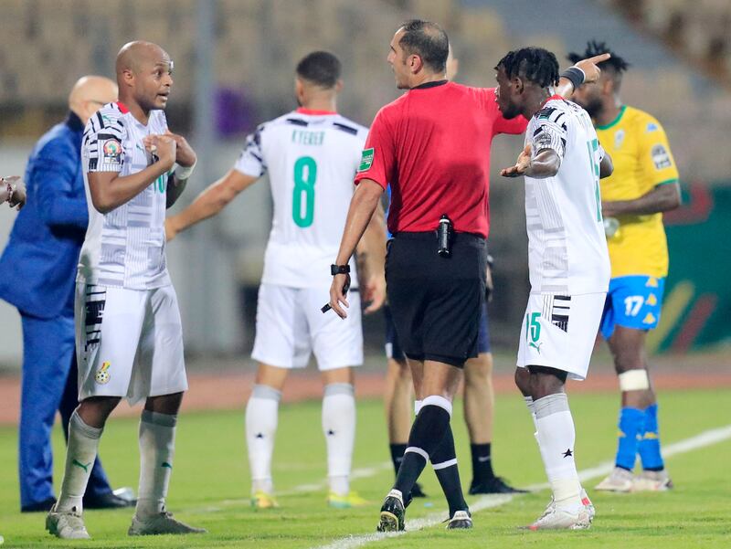 Ghana's Andre Ayew remonstrates with referee during the Afcon match against Gabon in Yaounde, Cameroon. Reuters