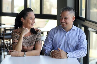 Dubai, United Arab Emirates - October 02, 2019: Portrait of a Nation on UK teacher Robert Welsh who has set up a support group for teachers in Dubai. Pictured with Helene Mc Glone. Wednesday the 2nd of October 2019. Jumeirah Beach Road, Dubai. Chris Whiteoak / The National