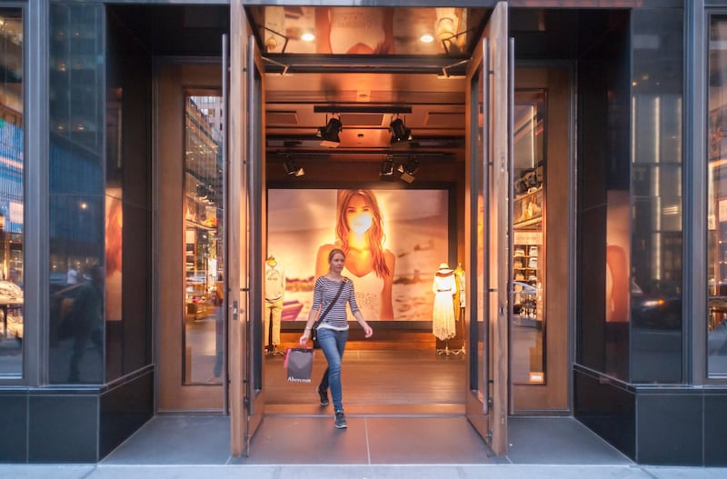 The Abercrombie & Fitch store on Fifth Avenue in New York on Tuesday, April 28, 2015. Abercrombie & Fitch reported the most gain in sales in three years with profits jumping 33%. Updating the merchandise to remove logos, elimination of shirtless male models and a general redesign of stores is cited. (�� Richard B. Levine) (Photo by Richard Levine/Corbis via Getty Images)