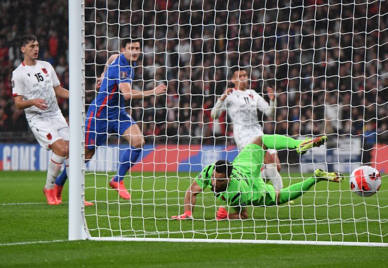 Harry Maguire scores the first goal at Wembley. EPA