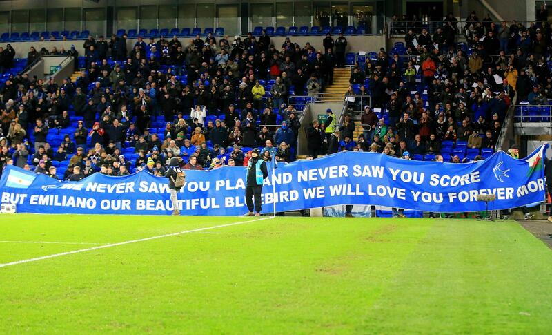 A banner paying tribute to Sala. PA via AP