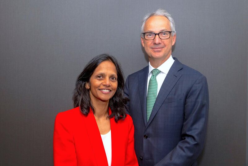 A supplied image shows Macquarie Group's outgoing CEO Nicholas Moore standing with incoming CEO Shemara Wikramanayake ahead of the Macquarie Group's Annual General Meeting in Sydney, Australia, July 26, 2018.      Macquarie Bank/Handout via REUTERS    ATTENTION EDITORS - THIS IMAGE WAS PROVIDED BY A THIRD PARTY. NO RESALES. NO ARCHIVE.
