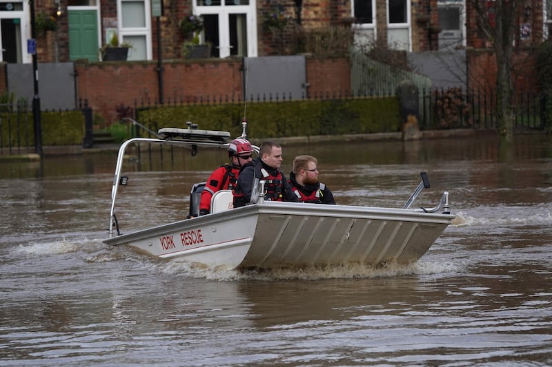 A river rescue boat patrols the River Ouse as it continues to rise potentially causing further flooding as Storm Dennis causes disruption across the country in York, United Kingdom. Getty Images