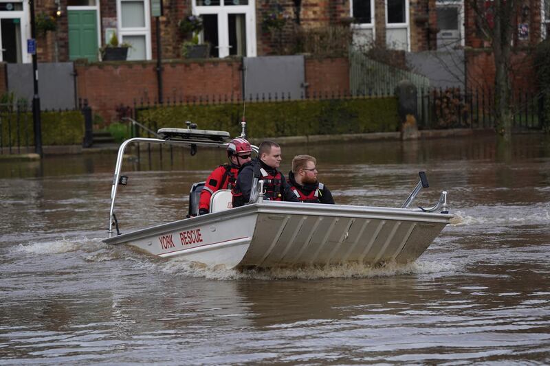 A river rescue boat patrols the River Ouse as it continues to rise potentially causing further flooding as Storm Dennis causes disruption across the country in York, United Kingdom. Getty Images