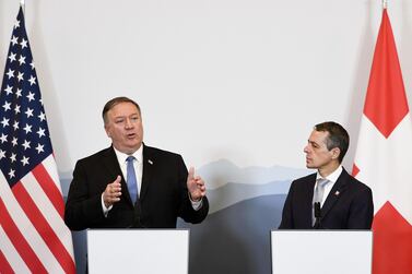 US Secretary of State Mike Pompeo and Swiss counterpart Ignazio Cassis attend a press conference at the Castelgrande closing a bilateral meeting on June 2, 2019 in Bellinzona. AFP