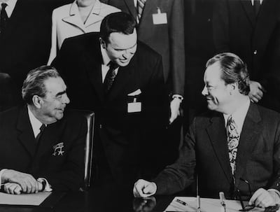 West German chancellor Willy Brandt, right, signs a pact with Soviet leader Leonid Brezhnev in 1973 as part of reconciliation efforts during the Cold War. Getty Images 