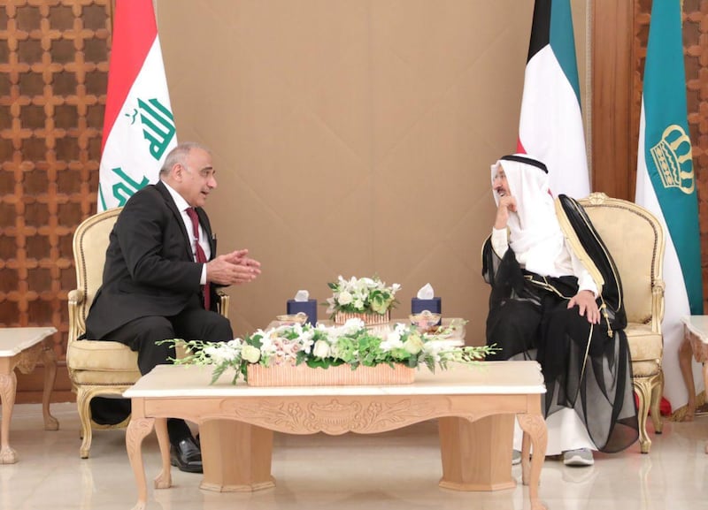 Iraqi Prime Minister Adel Abdul Mahdi meets with Kuwait's Emir Sheikh Sabah Al-Ahmad Al- Jaber Al-Sabah, in Kuwait City, Kuwait May 22, 2019. Iraqi Prime Minister Media Office/Handout via REUTERS   ATTENTION EDITORS - THIS IMAGE WAS PROVIDED BY A THIRD PARTY. NO RESALES. NO ARCHIVES.