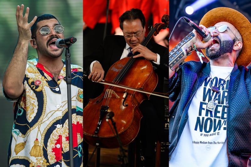 L-R: Mashrou' Leila's Hamed Sinno, classical music star Yo-Yo Ma and rapper Narcy collaborate on powerful new song 'Ha’oud (I Will Return)'. Getty Images / Reuters / EPA
