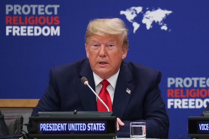 U.S. President Donald Trump delivers remarks at the "Global Call to Protect Religious Freedom" event with Vice President Mike Pence at U.N. headquarters in New York City, New York, U.S., September 23, 2019. REUTERS/Jonathan Ernst