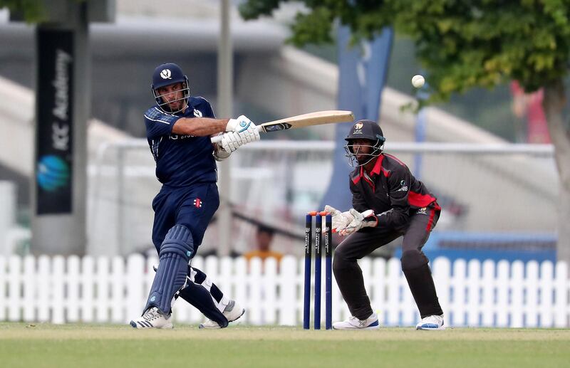 DUBAI, UNITED ARAB EMIRATES , Dec 15– 2019 :- Kyle Coetzer of Scotland playing a shot during the World Cup League 2 cricket match between UAE vs Scotland held at ICC academy in Dubai. He scored 95 runs in this match. ( Pawan Singh / The National )  For Sports. Story by Paul