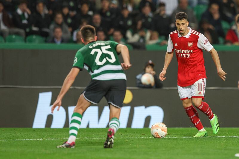 Gabriel Martinelli of Arsenal vies with Goncalo Inacio of Sporting during their Europa League round of 16 first leg on Thursday, March 9, 2023 in Lisbon. Getty