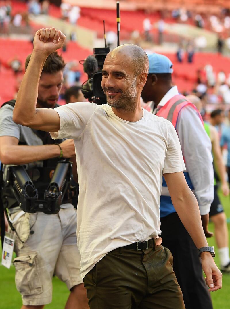 LONDON, ENGLAND - AUGUST 05:  Josep Guardiola, Manager of Manchester City celebrates following his side's victory during the FA Community Shield between Manchester City and Chelsea at Wembley Stadium on August 5, 2018 in London, England.  (Photo by Michael Regan/Getty Images)