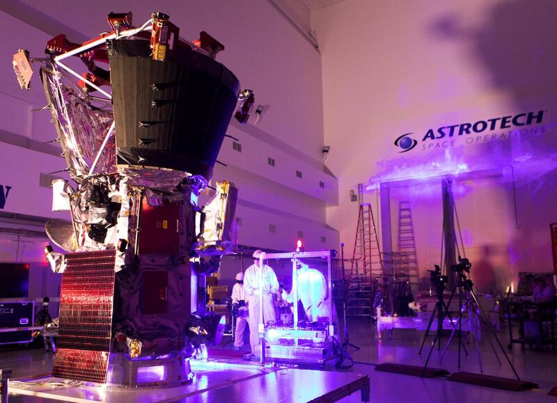 Technicians and engineers perform light bar testing on NASA's Parker Solar Probe, which will travel through the Sun's atmosphere, in the Astrotech processing facility near NASA's Kennedy Space Center, in Titusville, Florida, U.S., June 5, 2018. Picture taken on June 5, 2018.   Courtesy Glenn Benson/NASA/Handout via REUTERS   ATTENTION EDITORS - THIS IMAGE HAS BEEN SUPPLIED BY A THIRD PARTY.