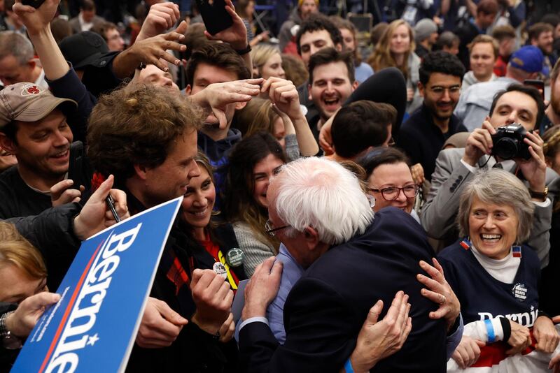 Democratic U.S. presidential candidate Senator Bernie Sanders greets supporters at his New Hampshire primary night rally in Manchester, N.H., U.S. REUTERS