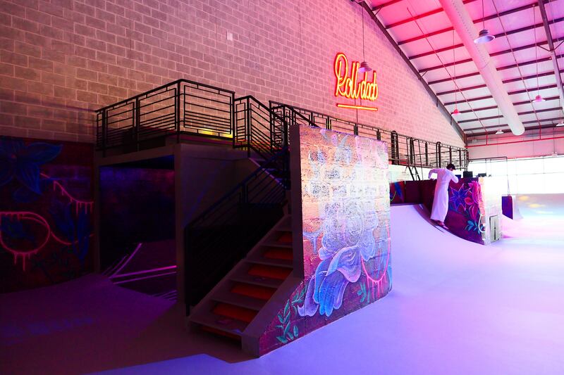 View of the roller skating at the RollDXB roller disco which opens at Shed 3 Marina Cubes Street, Dubai Maritime City, Port Rashid, Bur Dubai on April 25,2021. (Pawan Singh/The National). Story by Sophie Prideaux 