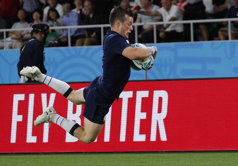 epa07906900 George Horne of Scotland in action during the Rugby World Cup match between Scotland and Russia at the Shizuoka Stadium in Fukuroi, Japan.  EPA