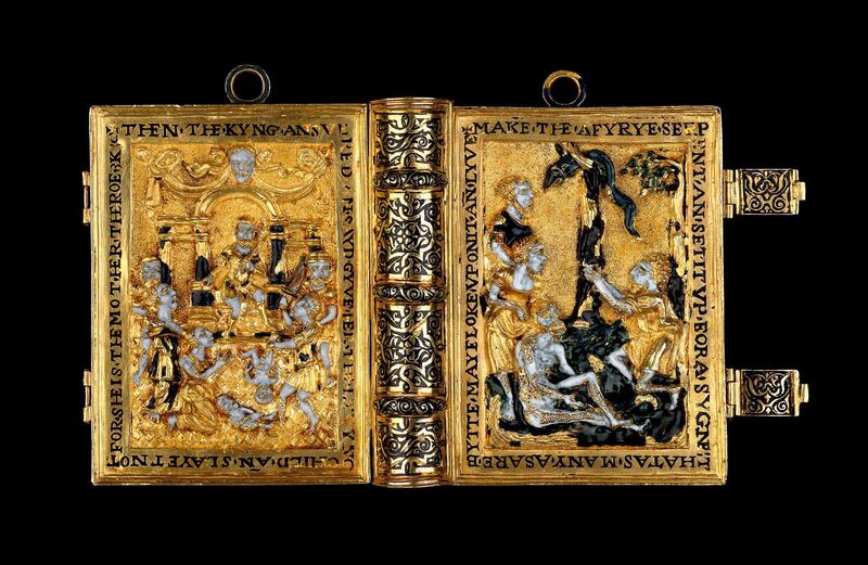 Miniature prayer book 
London, UK , 1540–76 
This enamelled gold case contains a unique miniature printed book of morning and evening prayers, hymns, psalms and meditations. It was worn on a belt and may have belonged to Queen Elizabeth I. 
© the Trustees of the British Museum 