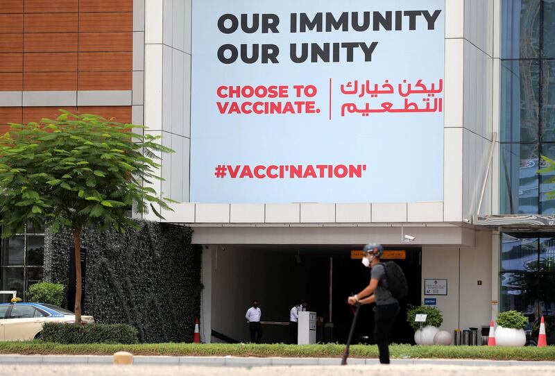 A large vaccination sign on display in Business Bay, Dubai on April 29th, 2021. Chris Whiteoak / The National. 
Reporter: N/A for News