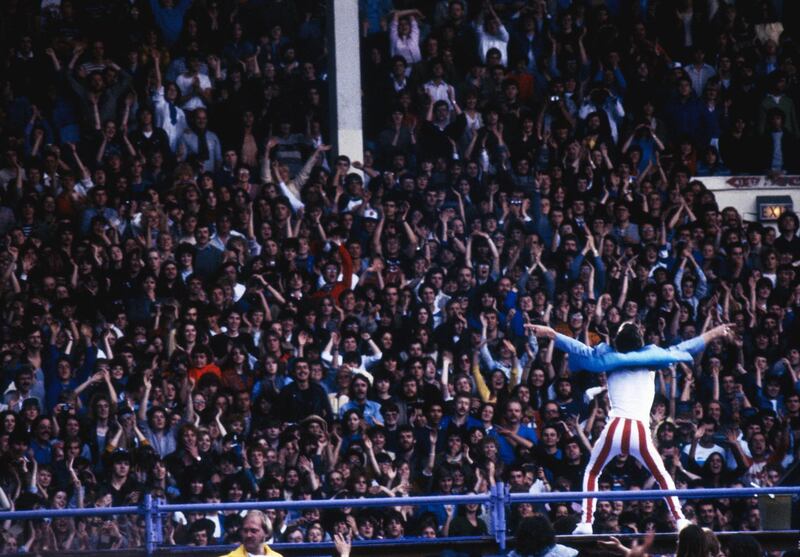 Rolling Stones singer Mick Jagger performs in front of a crowd of 70,000 at Wembley Stadium, London, 25th June 1982. (Photo by Keystone/Hulton Archive/Getty Images) 