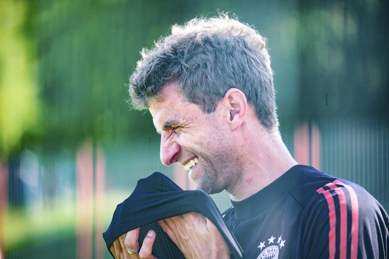 MUNICH, GERMANY - SEPTEMBER 15: Thomas Mueller of FC Bayern Muenchen smiles during a training session at Saebener Strasse training ground on September 15, 2020 in Munich, Germany. (Photo by M. Donato/FC Bayern via Getty Images)