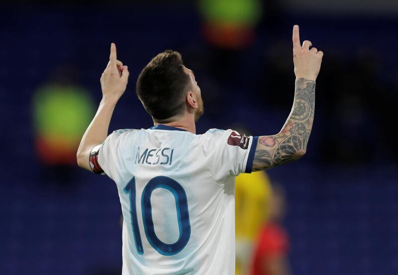Argentina's Lionel Messi celebrates scoring but the goal was disallowed after a VAR review. Reuters