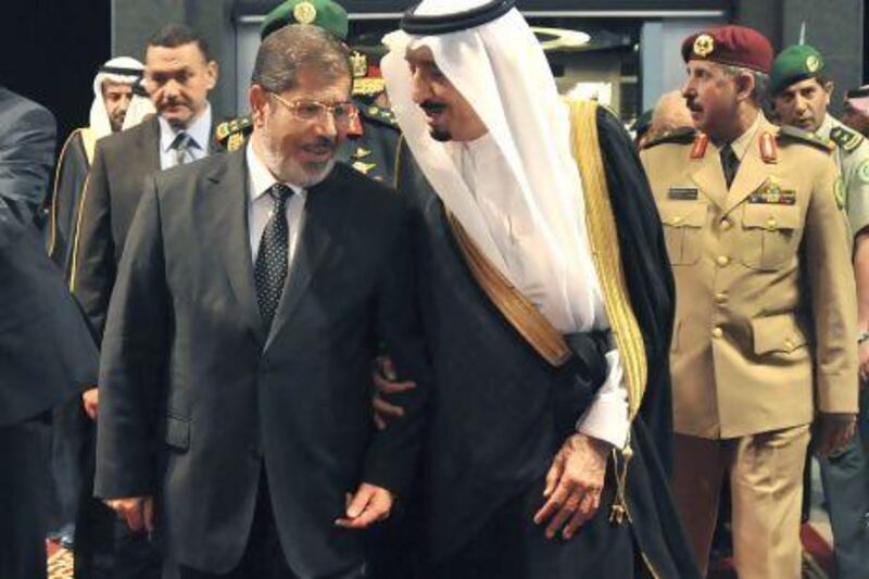 The Egyptian president, Mohammed Morsi, with Saudi Crown Prince Salman bin Abdulaziz Al Saud at the Al Salam palace in Jeddah.