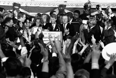 In this June 5, 1968 photo, Senator Robert F Kennedy addresses campaign workers moments before being shot in Los Angeles. AP