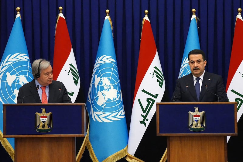 UN Secretary-General Antonio Guterres holds a joint press conference with Prime Minister Mohammed Shia al-Sudani in Baghdad. AFP