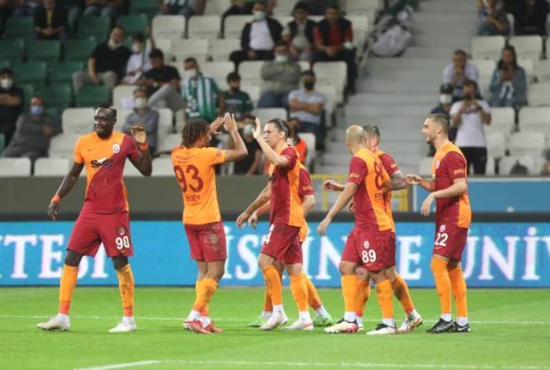 Galatasaray players celebrate after scoring against GZT Giresunspor in the Turkish league. Getty