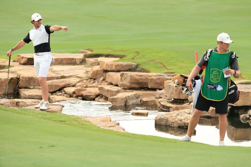 Rory McIlroy gestures to caddie Niall O'Connor. Getty