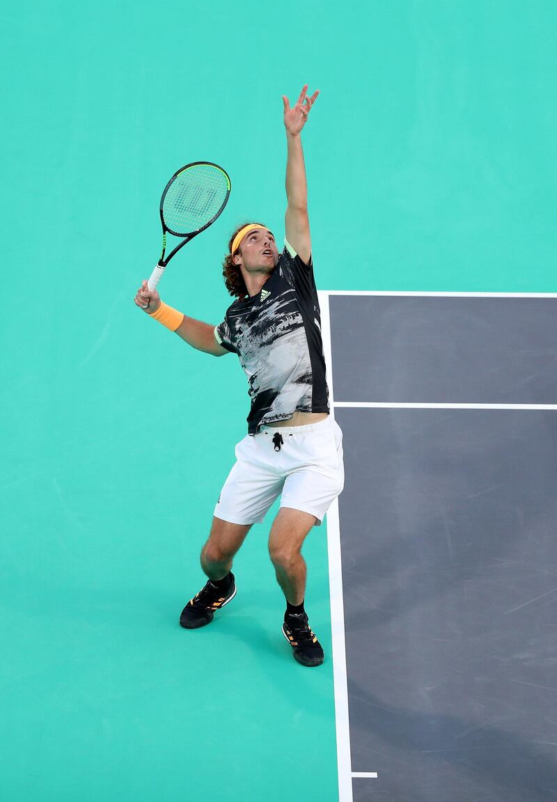 Abu Dhabi, United Arab Emirates - Reporter: Jon Turner: Stefanos Tsitsipas serves during the semi final between Novak Djokovic v Stefanos Tsitsipas at the Mubadala World Tennis Championship. Friday, December 20th, 2019. Zayed Sports City, Abu Dhabi. Chris Whiteoak / The National