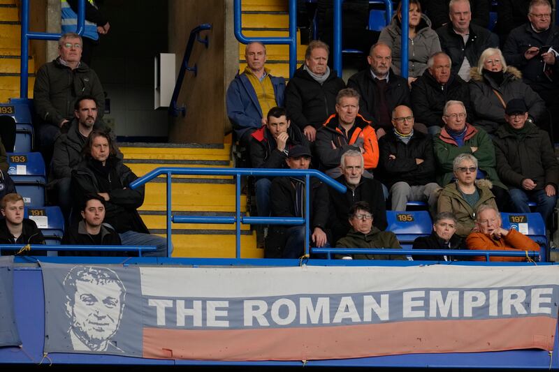 A banner supporting Chelsea owner Roman Abramovich at Stamford Bridge. AP