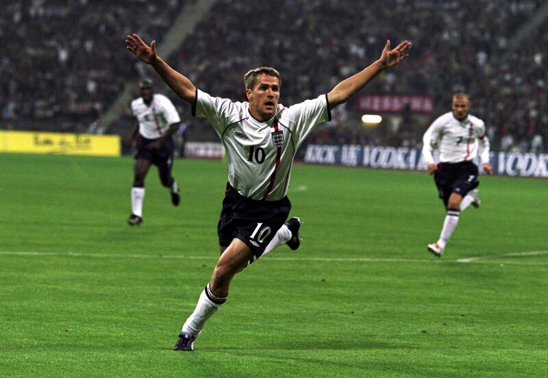 1 Sep 2001:  Michael Owen of England celebrates after scoring a goal during the FIFA 2002 World Cup Qualifier against Germany played at the Olympic Stadium in Munich, Germany.  England won the match 5 - 1. Mandatory Credit: Ben Radford /Allsport