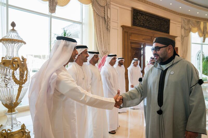 ABU DHABI, UNITED ARAB EMIRATES - September 10, 2018: HH Sheikh Khaled bin Zayed Al Nahyan, Chairman of the Board of Zayed Higher Organization for Humanitarian Care and Special Needs (ZHO) (L), greets HM King Mohamed VI of Morocco (R), during a Sea Palace barza.

( Mohamed Al Hammadi / Crown Prince Court - Abu Dhabi )
---