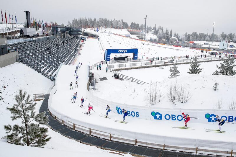 Competitors at the start of the women's 30km cross-country skiing race at the FIS World Cup Nordic on Saturday, March 7 in Holmenkollen, Norway. AFP