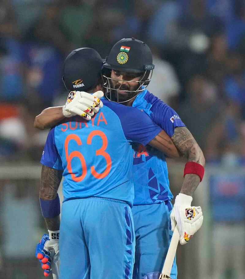 Suryakumar Yadav is congratulated by KL Rahul after the win. AP