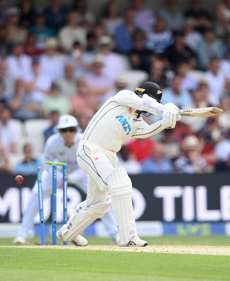 Devon Conway of New Zealand is bowled by Jamie Overton. Getty